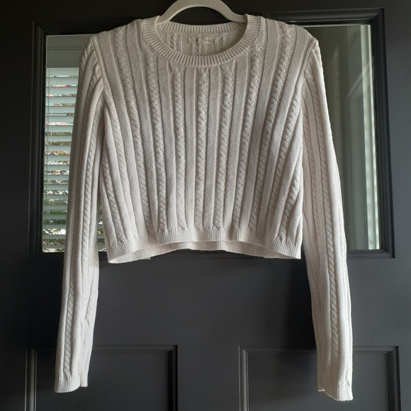 White Cropped Cable Knit Sweater Short Fall Cream Long Sleeve Neutral Minimalist - Picture 1 of 8